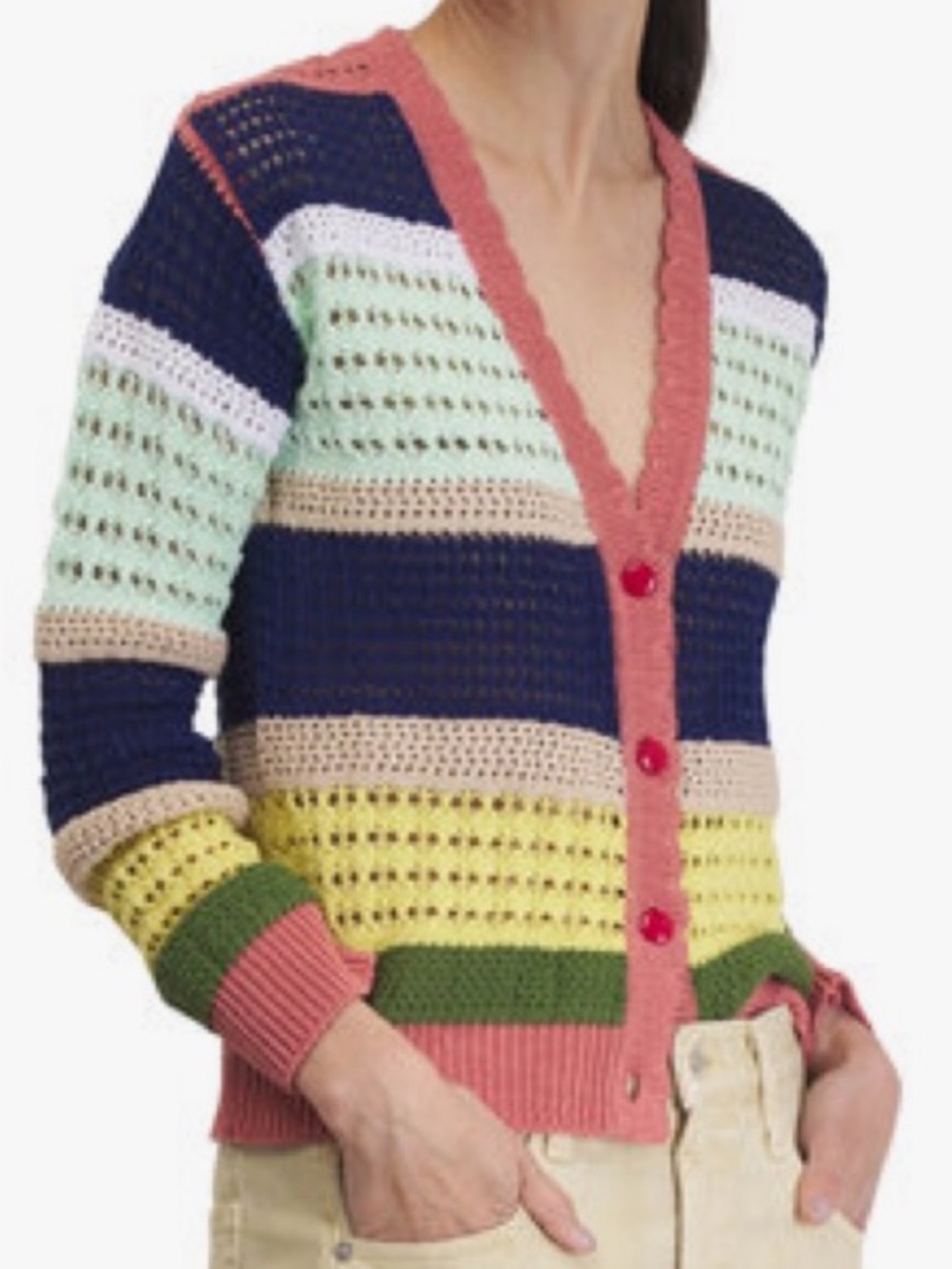 NWOT Striped Open-Knit V-Neck Cardigan in Navy, Pink & Pastel Stripes Size Small